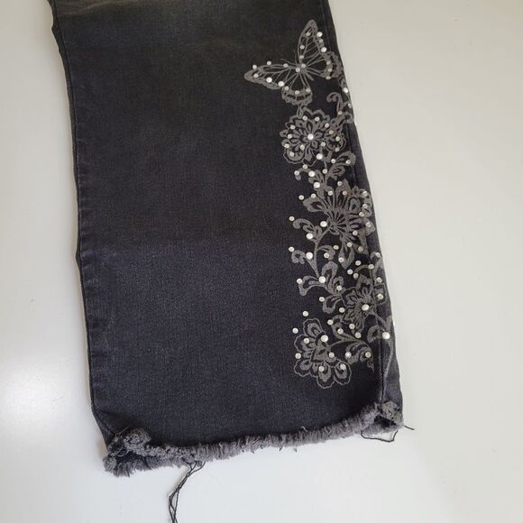 NEW 24 W boho butterfly rhinestone pearl distressed raw black stretch jeans NWT - Picture 9 of 16
